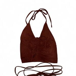 I Am Gia Halter Crop Top & Motel Flare Pant Brown Strappy Set Summer Fall Boho